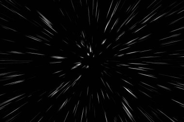 Siyah arkaplan üzerindeki Bokeh beyaz çizgileri, soyut hız ışık hareketi bulanık dokusu, yıldız parçacığı veya uzay yolculuğu, siyah ve beyaz ekstrüzyon etkisi