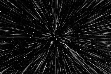 Siyah arkaplan üzerindeki Bokeh beyaz çizgileri, soyut hız ışık hareketi bulanık dokusu, yıldız parçacığı veya uzay yolculuğu, siyah ve beyaz ekstrüzyon etkisi