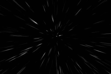Siyah arkaplan üzerindeki Bokeh beyaz çizgileri, soyut hız ışık hareketi bulanık dokusu, yıldız parçacığı veya uzay yolculuğu, siyah ve beyaz ekstrüzyon etkisi