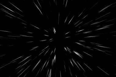 Siyah arkaplan üzerindeki Bokeh beyaz çizgileri, soyut hız ışık hareketi bulanık dokusu, yıldız parçacığı veya uzay yolculuğu, siyah ve beyaz ekstrüzyon etkisi