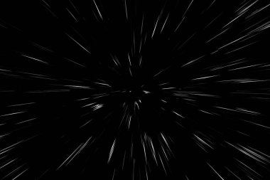Siyah arkaplan üzerindeki Bokeh beyaz çizgileri, soyut hız ışık hareketi bulanık dokusu, yıldız parçacığı veya uzay yolculuğu, siyah ve beyaz ekstrüzyon etkisi