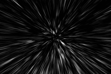 Siyah arkaplan üzerindeki Bokeh beyaz çizgileri, soyut hız ışık hareketi bulanık dokusu, yıldız parçacığı veya uzay yolculuğu, siyah ve beyaz ekstrüzyon etkisi