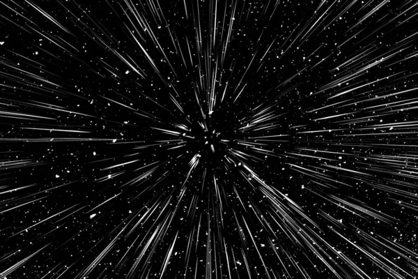 Siyah arkaplan üzerindeki Bokeh beyaz çizgileri, soyut hız ışık hareketi bulanık dokusu, yıldız parçacığı veya uzay yolculuğu, siyah ve beyaz ekstrüzyon etkisi