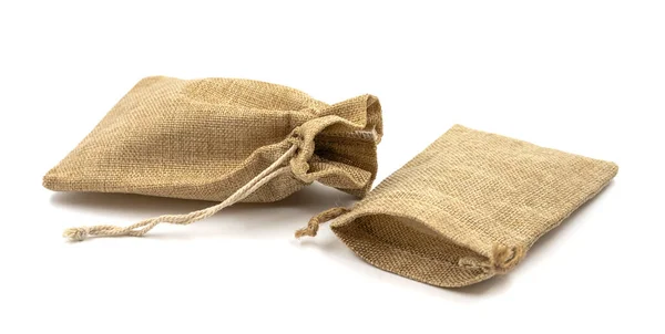 Burlap Presentpåsar Isolerad Vit Bakgrund — Stockfoto