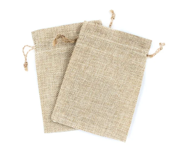 Burlap Presentpåsar Isolerad Vit Bakgrund — Stockfoto