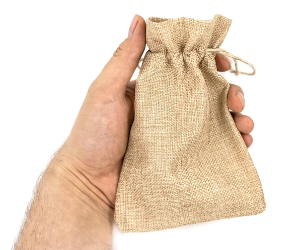 Holding Male Hand Burlap Gift Bags Isolated White Background — Stock Photo, Image
