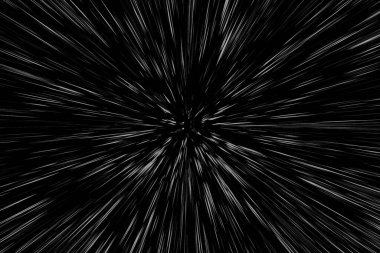 Siyah arkaplan üzerindeki Bokeh beyaz çizgileri, soyut hız ışık hareketi bulanık dokusu, yıldız parçacığı veya uzay yolculuğu, siyah ve beyaz ekstrüzyon etkisi