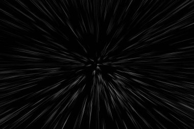 Siyah arkaplan üzerindeki Bokeh beyaz çizgileri, soyut hız ışık hareketi bulanık dokusu, yıldız parçacığı veya uzay yolculuğu, siyah ve beyaz ekstrüzyon etkisi