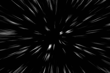 Siyah arkaplan üzerindeki Bokeh beyaz çizgileri, soyut hız ışık hareketi bulanık dokusu, yıldız parçacığı veya uzay yolculuğu, siyah ve beyaz ekstrüzyon etkisi