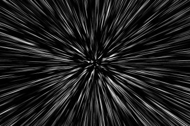 Siyah arkaplan üzerindeki Bokeh beyaz çizgileri, soyut hız ışık hareketi bulanık dokusu, yıldız parçacığı veya uzay yolculuğu, siyah ve beyaz ekstrüzyon etkisi