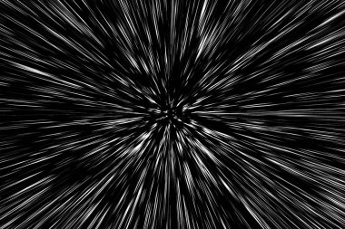 Siyah arkaplan üzerindeki Bokeh beyaz çizgileri, soyut hız ışık hareketi bulanık dokusu, yıldız parçacığı veya uzay yolculuğu, siyah ve beyaz ekstrüzyon etkisi