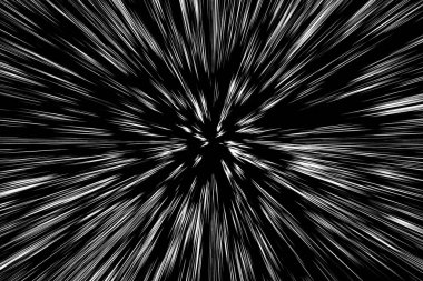 Siyah arkaplan üzerindeki Bokeh beyaz çizgileri, soyut hız ışık hareketi bulanık dokusu, yıldız parçacığı veya uzay yolculuğu, siyah ve beyaz ekstrüzyon etkisi