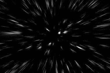 Siyah arkaplan üzerindeki Bokeh beyaz çizgileri, soyut hız ışık hareketi bulanık dokusu, yıldız parçacığı veya uzay yolculuğu, siyah ve beyaz ekstrüzyon etkisi