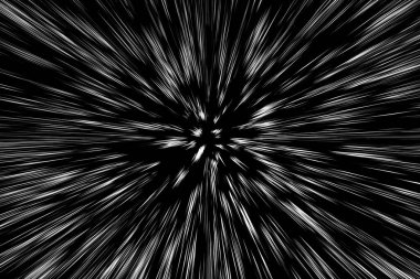 Siyah arkaplan üzerindeki Bokeh beyaz çizgileri, soyut hız ışık hareketi bulanık dokusu, yıldız parçacığı veya uzay yolculuğu, siyah ve beyaz ekstrüzyon etkisi