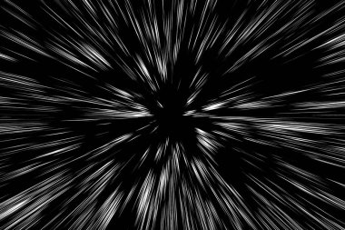 Siyah arkaplan üzerindeki Bokeh beyaz çizgileri, soyut hız ışık hareketi bulanık dokusu, yıldız parçacığı veya uzay yolculuğu, siyah ve beyaz ekstrüzyon etkisi