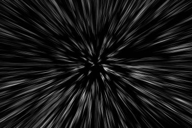 Siyah arkaplan üzerindeki Bokeh beyaz çizgileri, soyut hız ışık hareketi bulanık dokusu, yıldız parçacığı veya uzay yolculuğu, siyah ve beyaz ekstrüzyon etkisi