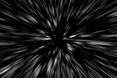 Siyah arkaplan üzerindeki Bokeh beyaz çizgileri, soyut hız ışık hareketi bulanık dokusu, yıldız parçacığı veya uzay yolculuğu, siyah ve beyaz ekstrüzyon etkisi