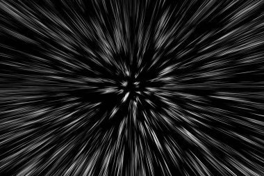 Siyah arkaplan üzerindeki Bokeh beyaz çizgileri, soyut hız ışık hareketi bulanık dokusu, yıldız parçacığı veya uzay yolculuğu, siyah ve beyaz ekstrüzyon etkisi