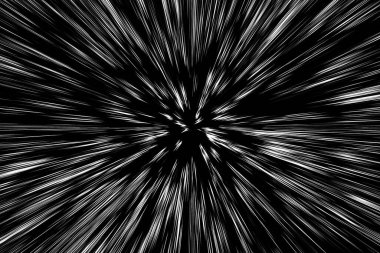 Siyah arkaplan üzerindeki Bokeh beyaz çizgileri, soyut hız ışık hareketi bulanık dokusu, yıldız parçacığı veya uzay yolculuğu, siyah ve beyaz ekstrüzyon etkisi