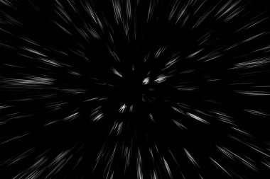 Siyah arkaplan üzerindeki Bokeh beyaz çizgileri, soyut hız ışık hareketi bulanık dokusu, yıldız parçacığı veya uzay yolculuğu, siyah ve beyaz ekstrüzyon etkisi