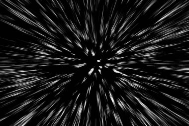 Siyah arkaplan üzerindeki Bokeh beyaz çizgileri, soyut hız ışık hareketi bulanık dokusu, yıldız parçacığı veya uzay yolculuğu, siyah ve beyaz ekstrüzyon etkisi