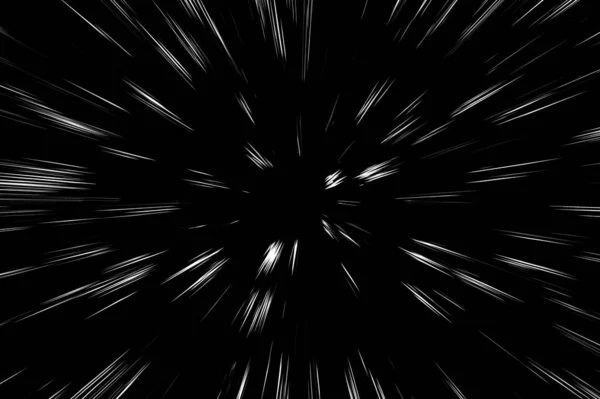 黑色背景上的Bokeh白线条 抽象的光速运动模糊纹理 恒星粒子或空间旅行 黑白挤压效果 — 图库照片