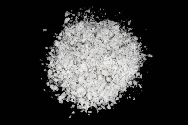 Spilled White Sea Salt Isolated Black Background Clear Crystalline Shaker — Stock Photo, Image