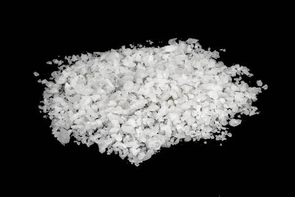 Spilled White Sea Salt Isolated Black Background Clear Crystalline Shaker — Stock Photo, Image