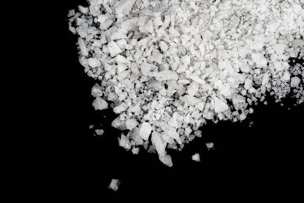 Spilled White Sea Salt Isolated Black Background Clear Crystalline Shaker — Stock Photo, Image