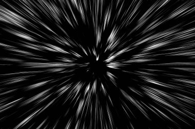 Siyah arkaplan üzerindeki Bokeh beyaz çizgileri, soyut hız ışık hareketi bulanık dokusu, yıldız parçacığı veya uzay yolculuğu, siyah ve beyaz ekstrüzyon etkisi