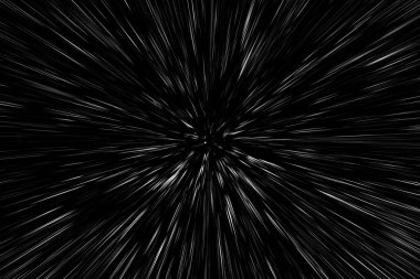 Siyah arkaplan üzerindeki Bokeh beyaz çizgileri, soyut hız ışık hareketi bulanık dokusu, yıldız parçacığı veya uzay yolculuğu, siyah ve beyaz ekstrüzyon etkisi