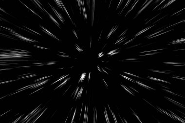 Siyah arkaplan üzerindeki Bokeh beyaz çizgileri, soyut hız ışık hareketi bulanık dokusu, yıldız parçacığı veya uzay yolculuğu, siyah ve beyaz ekstrüzyon etkisi