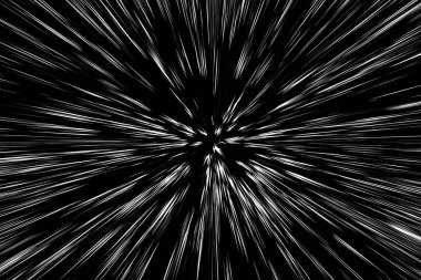 Siyah arkaplan üzerindeki Bokeh beyaz çizgileri, soyut hız ışık hareketi bulanık dokusu, yıldız parçacığı veya uzay yolculuğu, siyah ve beyaz ekstrüzyon etkisi