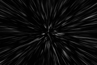 Siyah arkaplan üzerindeki Bokeh beyaz çizgileri, soyut hız ışık hareketi bulanık dokusu, yıldız parçacığı veya uzay yolculuğu, siyah ve beyaz ekstrüzyon etkisi