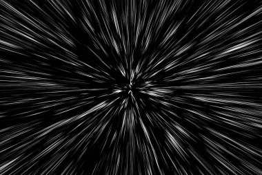 Siyah arkaplan üzerindeki Bokeh beyaz çizgileri, soyut hız ışık hareketi bulanık dokusu, yıldız parçacığı veya uzay yolculuğu, siyah ve beyaz ekstrüzyon etkisi