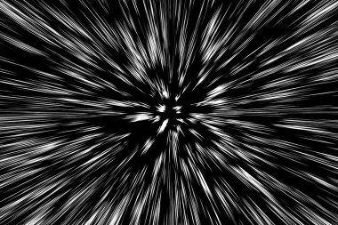 Siyah arkaplan üzerindeki Bokeh beyaz çizgileri, soyut hız ışık hareketi bulanık dokusu, yıldız parçacığı veya uzay yolculuğu, siyah ve beyaz ekstrüzyon etkisi