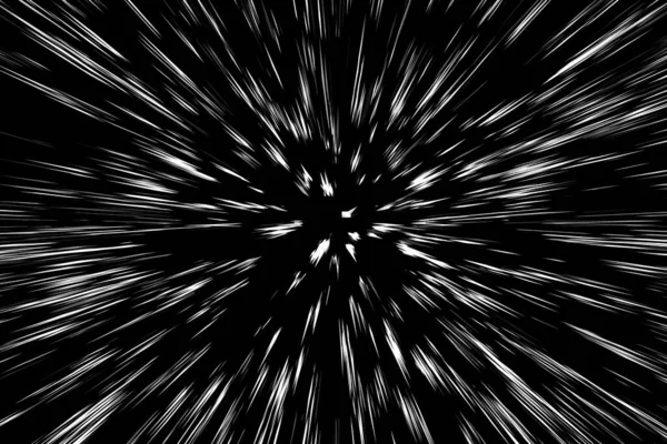 Siyah arkaplan üzerindeki Bokeh beyaz çizgileri, soyut hız ışık hareketi bulanık dokusu, yıldız parçacığı veya uzay yolculuğu, siyah ve beyaz ekstrüzyon etkisi