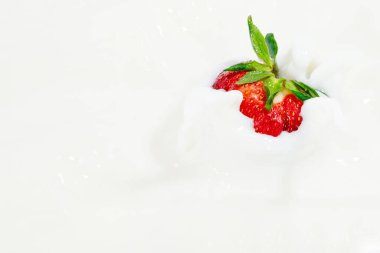 Kırmızı doğal olgun çilekler süt kremasına dökülüyor. (