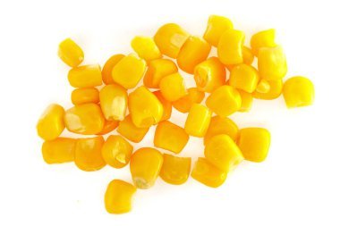 Beyaz arka planda izole edilmiş sarı mısır tohumları. makro