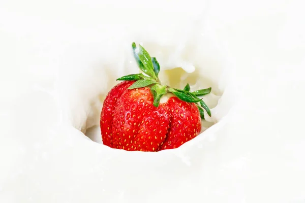 ミルククリームになる赤い自然な熟したイチゴ — ストック写真