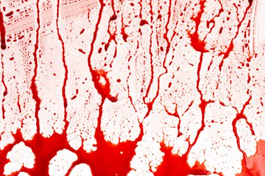 Beyaz arka planda kanlı sıçramalar ve damlalar. Damlayan ve takip eden kırmızı kan (boya)