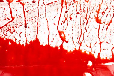 Beyaz arka planda kanlı sıçramalar ve damlalar. Damlayan ve takip eden kırmızı kan (boya)