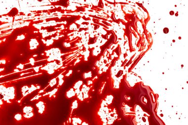 Beyaz arka planda kanlı sıçramalar ve damlalar. Damlayan ve takip eden kırmızı kan (boya)