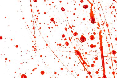 Beyaz arka planda kanlı sıçramalar ve damlalar. Damlayan ve takip eden kırmızı kan (boya)