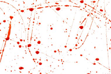 Beyaz arka planda kanlı sıçramalar ve damlalar. Damlayan ve takip eden kırmızı kan (boya)