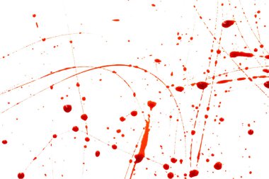 Beyaz arka planda kanlı sıçramalar ve damlalar. Damlayan ve takip eden kırmızı kan (boya)