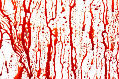 Beyaz arka planda izole edilmiş kan damlıyor. Akan kırmızı kan damlalar, damlalar ve izler