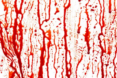 Beyaz arka planda izole edilmiş kan damlıyor. Akan kırmızı kan damlalar, damlalar ve izler