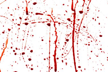 Beyaz arka planda izole edilmiş kan damlıyor. Akan kırmızı kan damlalar, damlalar ve izler