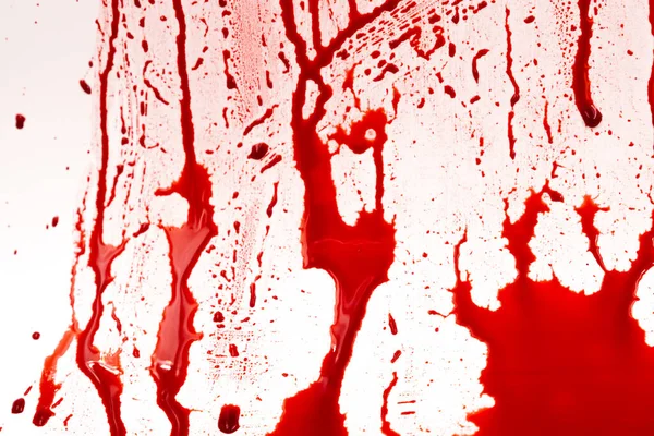 Beyaz Arka Planda Kanlı Sıçramalar Damlalar Damlayan Takip Eden Kırmızı — Stok fotoğraf